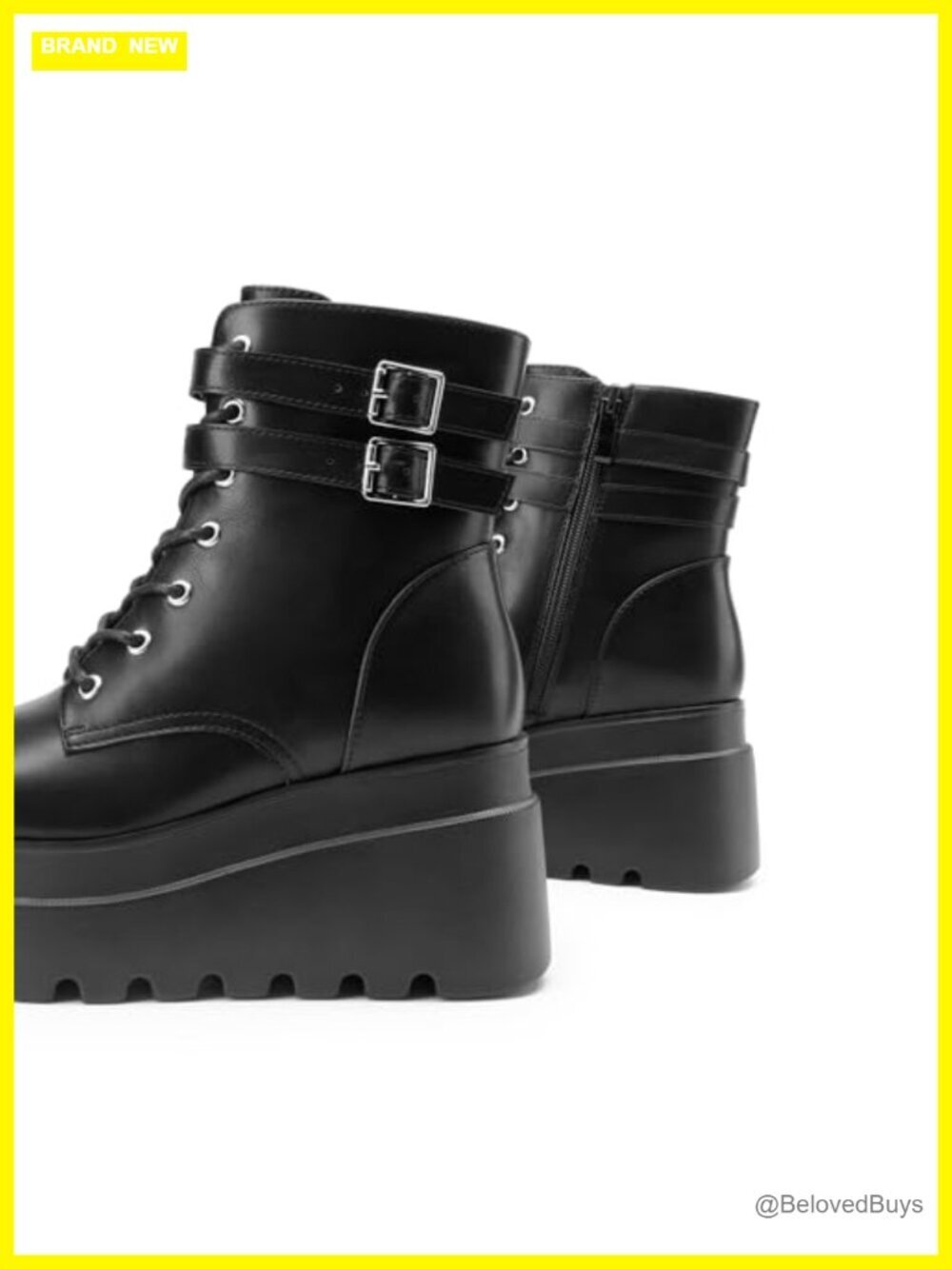 Women's Platform Combat Ankle Boots Chunky High Heel Lace Up Motorcycle Booties - Picture 4 of 7